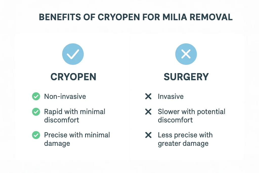 Benefits of cryopen for milia removal Kent compared to surgical treatments.