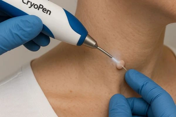 Person receiving cryotherapy Kent for skin tag removal