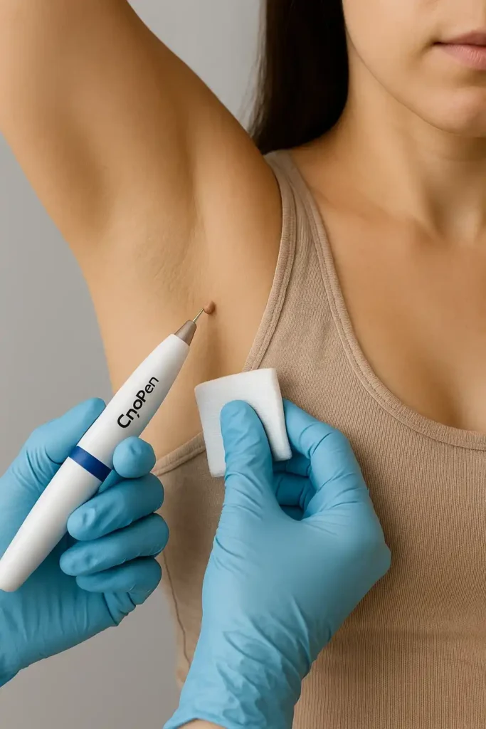 woman having cryopen to remove underarm skin tags Kent