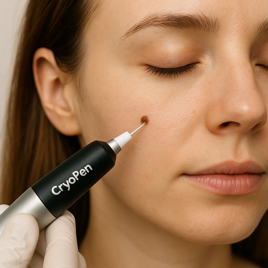 woman receiving facial mole removal Kent using cryopen