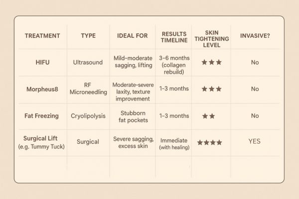 Table showing the comparisons of Skin tightening Kent treatment options.